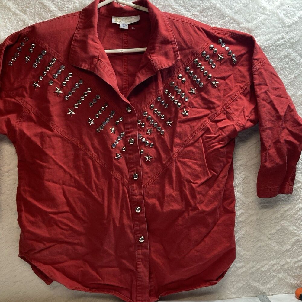 Monique Fashions Red Studded Shirt 2X  Vintage 90s Jewel Western Retro